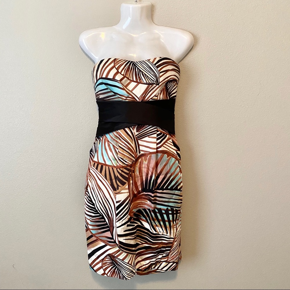 TEEZE ME Strapless Leaf Print Dress Brown
